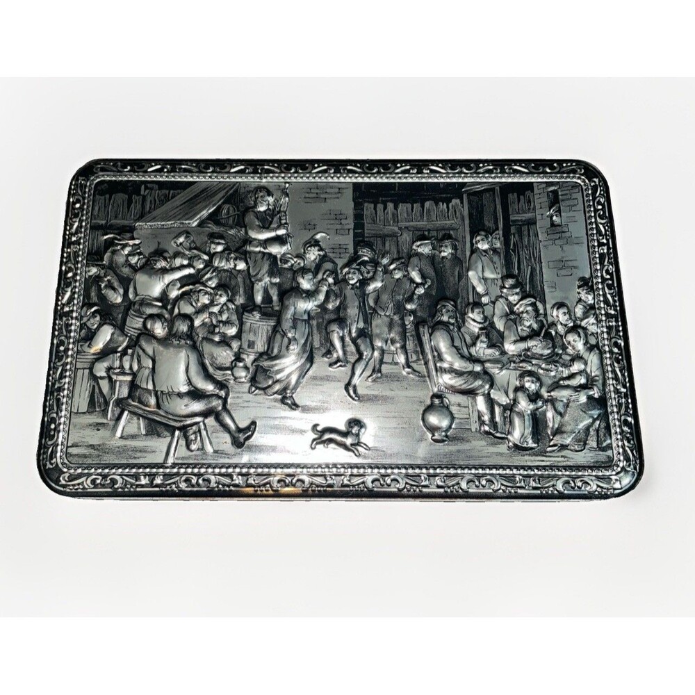 Vintage Teniers Belgium Embossed Tin Box Tavern Scene Cookie Keepsake 12 Inch